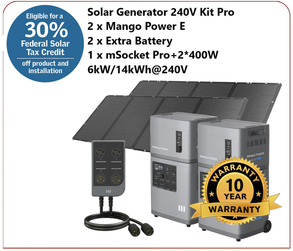 Package #13: Mango Power E: 240v 800w Solar: 120V | 14kWh Capacity | 6kW Output | Two 400w Mango Move Solar Panels